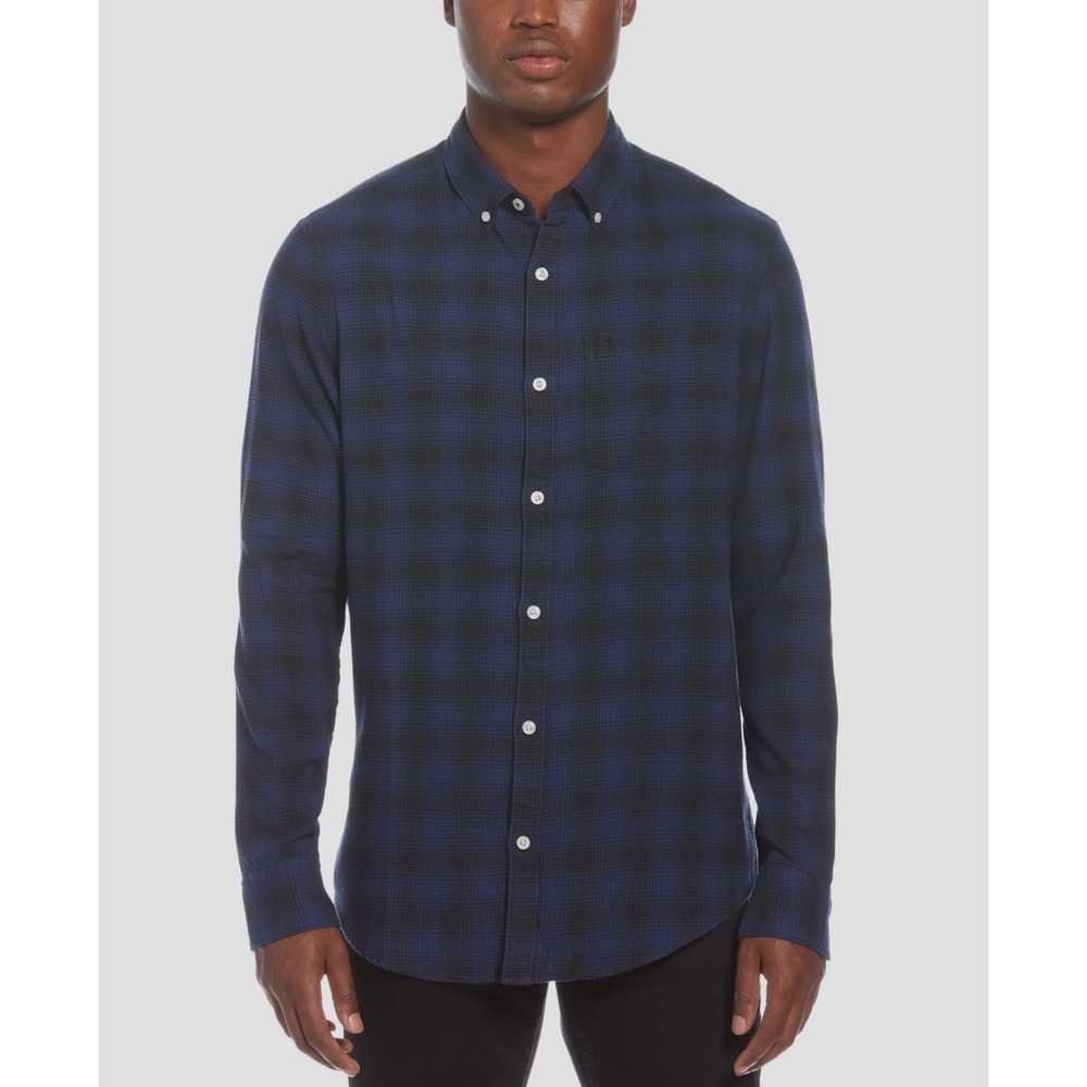 $89 Original Penguin Flannel Shirt Mens Small Blue Black Plaid Slim Button-Down